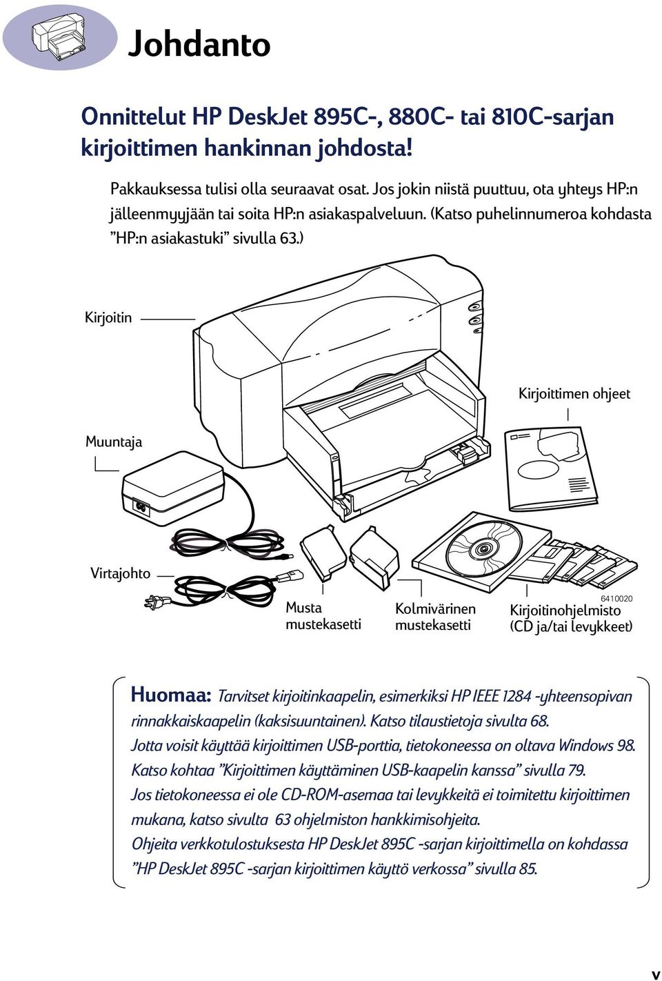 ) Kirjoitin Kirjoittimen ohjeet Muuntaja Virtajohto Musta mustekasetti Kolmivärinen mustekasetti 6410020 Kirjoitinohjelmisto (CD ja/tai levykkeet) Huomaa: Tarvitset kirjoitinkaapelin, esimerkiksi HP