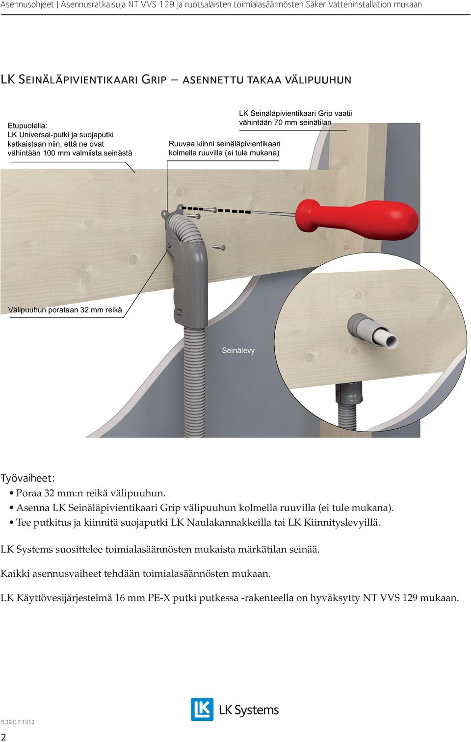 vaatii vähintään 70 mm seinätilan Välipuuhun porataan 32 mm reikä Seinälevy Työvaiheet: Poraa 32 mm:n reikä välipuuhun.
