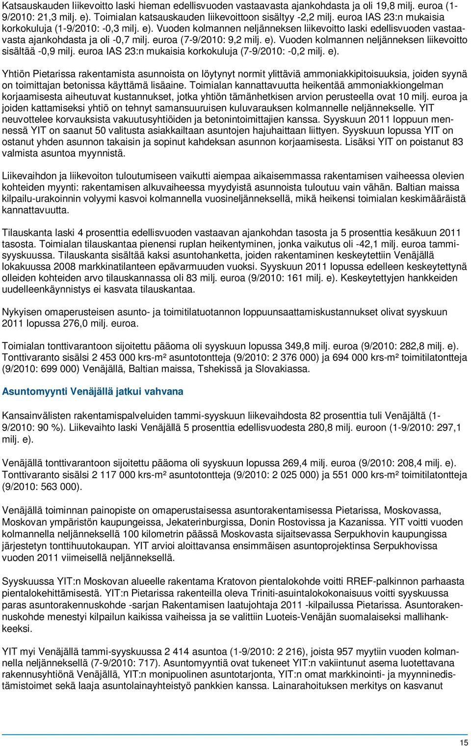 euroa IAS 23:n mukaisia korkokuluja (7-9/2010: -0,2 milj. e).