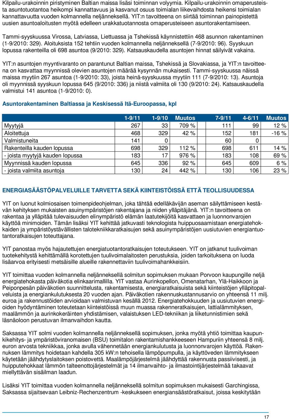 YIT:n tavoitteena on siirtää toiminnan painopistettä uusien asuntoaloitusten myötä edelleen urakkatuotannosta omaperusteiseen asuntorakentamiseen.