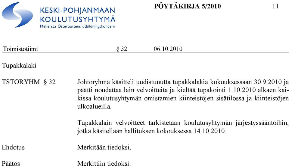 Tupakkalain velvoitteet tarkistetaan koulutusyhtymän järjestyssääntöihin, jotkä käsitellään hallituksen kokouksessa 14.10.