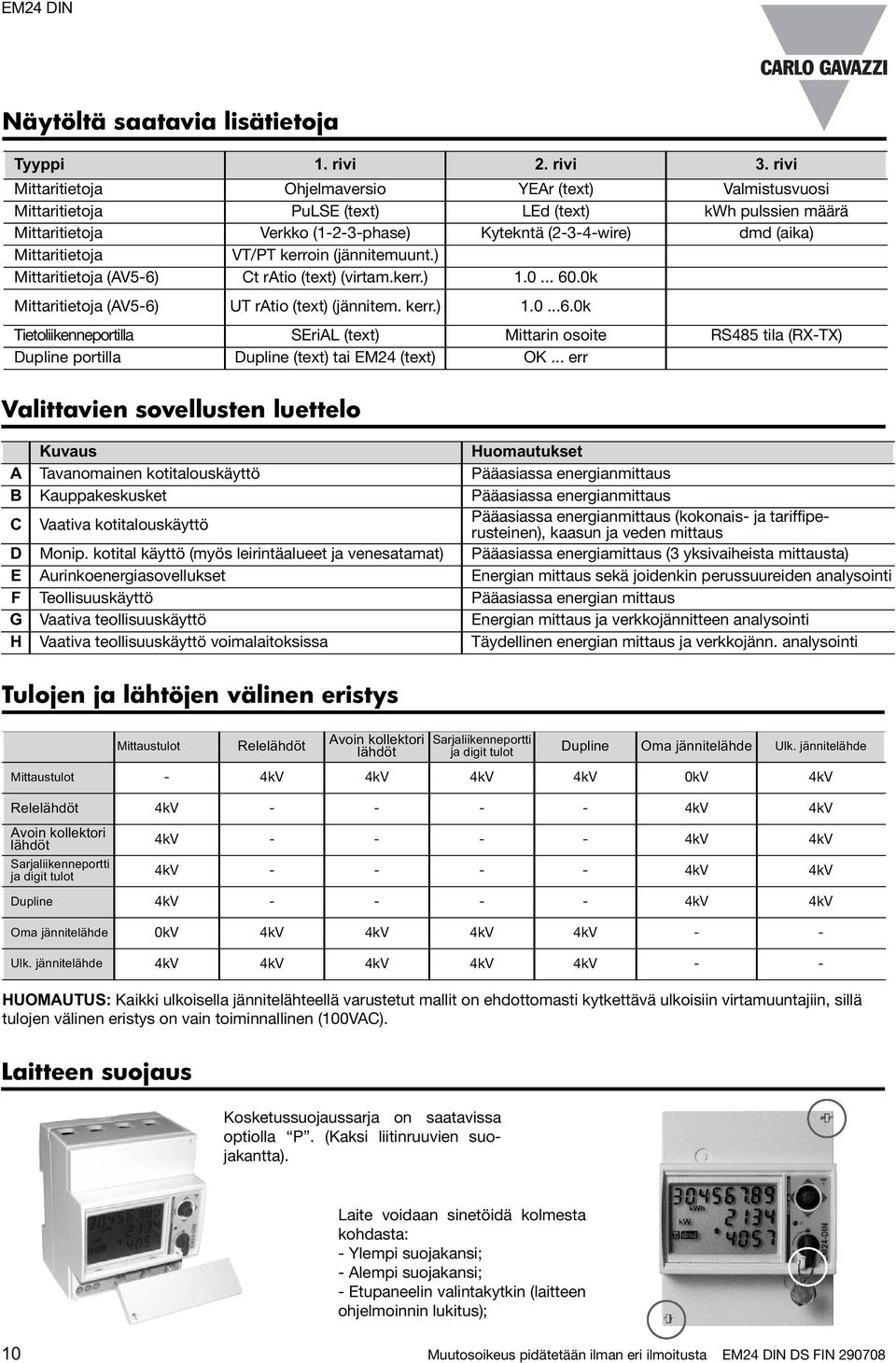 Mittaritietoja VT/PT kerroin (jännitemuunt.) Mittaritietoja (AV5-6) Ct ratio (text) (virtam.kerr.) 1.0... 60.0k Mittaritietoja (AV5-6) UT ratio (text) (jännitem. kerr.) 1.0...6.0k Tietoliikenneportilla SEriAL (text) Mittarin osoite RS485 tila (RX-TX) Dupline portilla Dupline (text) tai EM24 (text) OK.