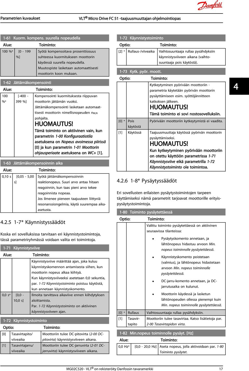 Muutospiste lasketaan automaattisesti moottorin koon mukaan. Kompensointi kuormituksesta riippuvan moottorin jättämän vuoksi.