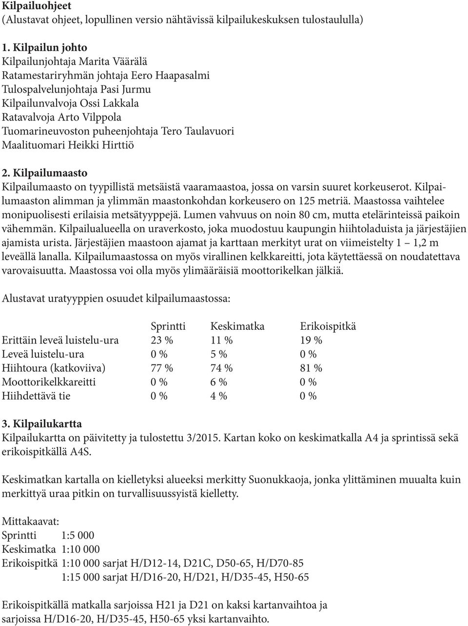 puheenjohtaja Tero Taulavuori Maalituomari Heikki Hirttiö 2. Kilpailumaasto Kilpailumaasto on tyypillistä metsäistä vaaramaastoa, jossa on varsin suuret korkeuserot.