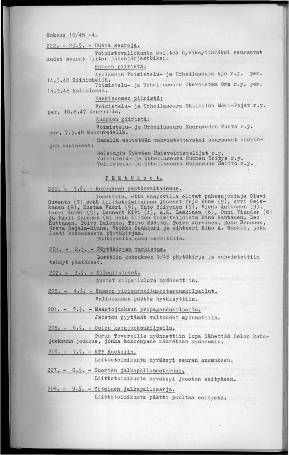 Kuopion piiristä: Voimistelu- ja Urheiluseura Muuruveden Murto r.y. per. 7. 3. 48 Muuruvedellä. Samalla esitetään vahvistettavaksi seuraavat sääntöjen muutokset: Helsingin Työväen Naisvoimistelijat r.