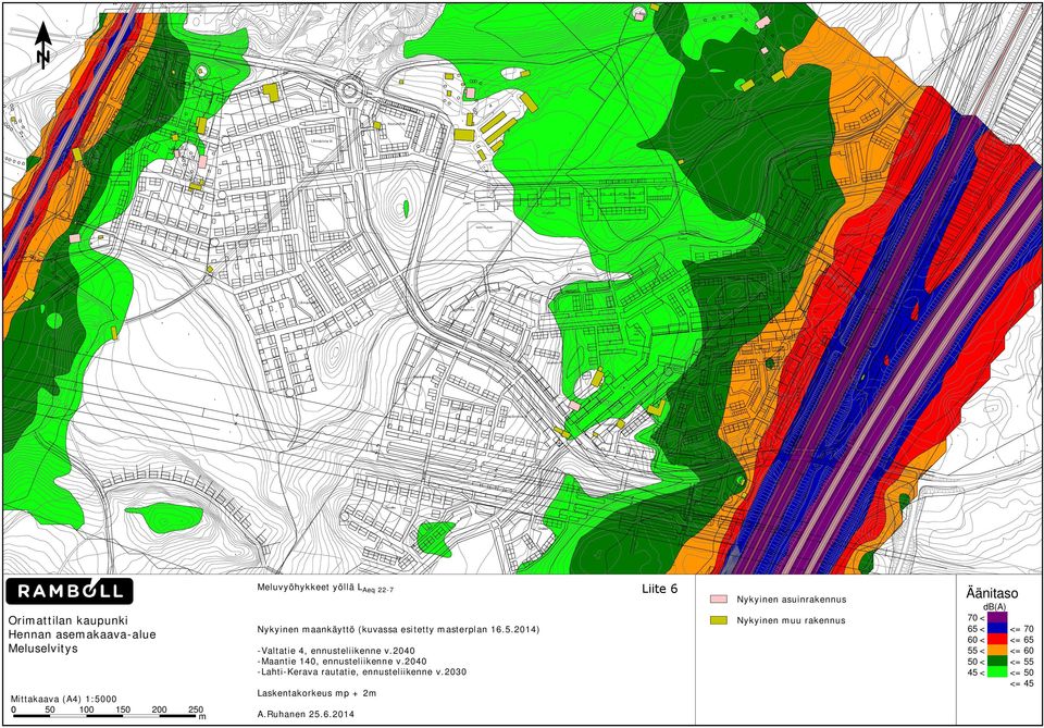 EtelÃ rinne I Uusitalo E Rousku LTYNTÃ PYSÃ KÃ INTI YHT 92 ap Orakas Orimattilan kaupunki Hennan asemakaava-alue Meluselvitys Mittakaava (A4) 1:5000 0 50 100 150 200 250 m Meluvyöhykkeet yöllä L Aeq