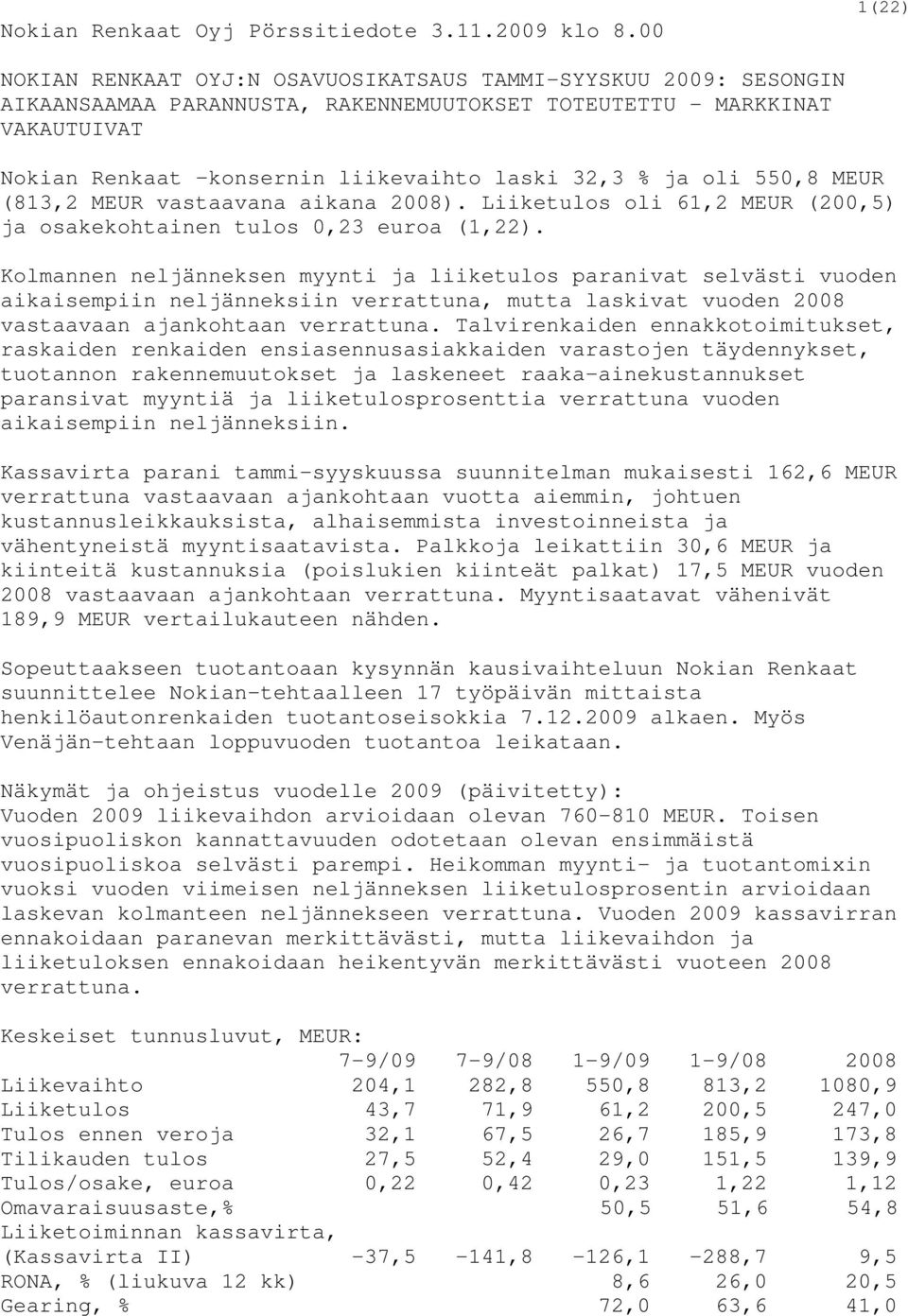 % ja oli 550,8 MEUR (813,2 MEUR vastaavana aikana 2008). Liiketulos oli 61,2 MEUR (200,5) ja osakekohtainen tulos 0,23 euroa (1,22).