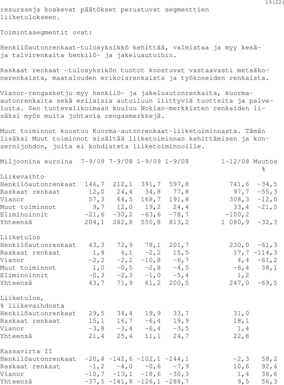 Raskaat renkaat -tulosyksikön tuotot koostuvat vastaavasti metsäkonerenkaista, maatalouden erikoisrenkaista ja työkoneiden renkaista.