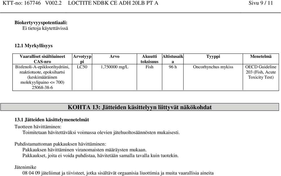 (Fish, Acute Toxicity Test) KOHTA 13: Jätteiden käsittelyyn liittyvät näkökohdat 13.