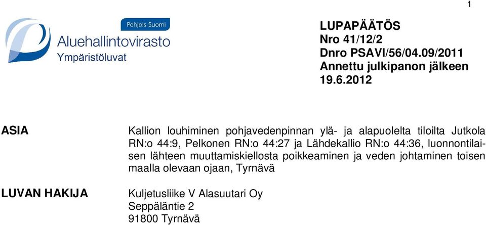 2012 1 ASIA LUVAN HAKIJA Kallion louhiminen pohjavedenpinnan ylä- ja alapuolelta tiloilta Jutkola