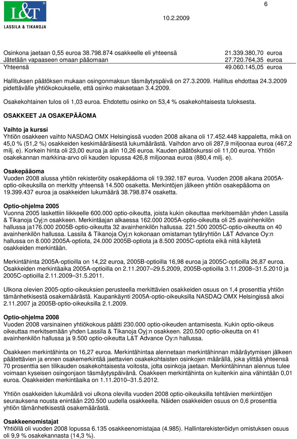 Ehdotettu osinko on 53,4 % osakekohtaisesta tuloksesta. OSAKKEET JA OSAKEPÄÄOMA Vaihto ja kurssi Yhtiön osakkeen vaihto NASDAQ OMX Helsingissä vuoden 2008 aikana oli 17.452.