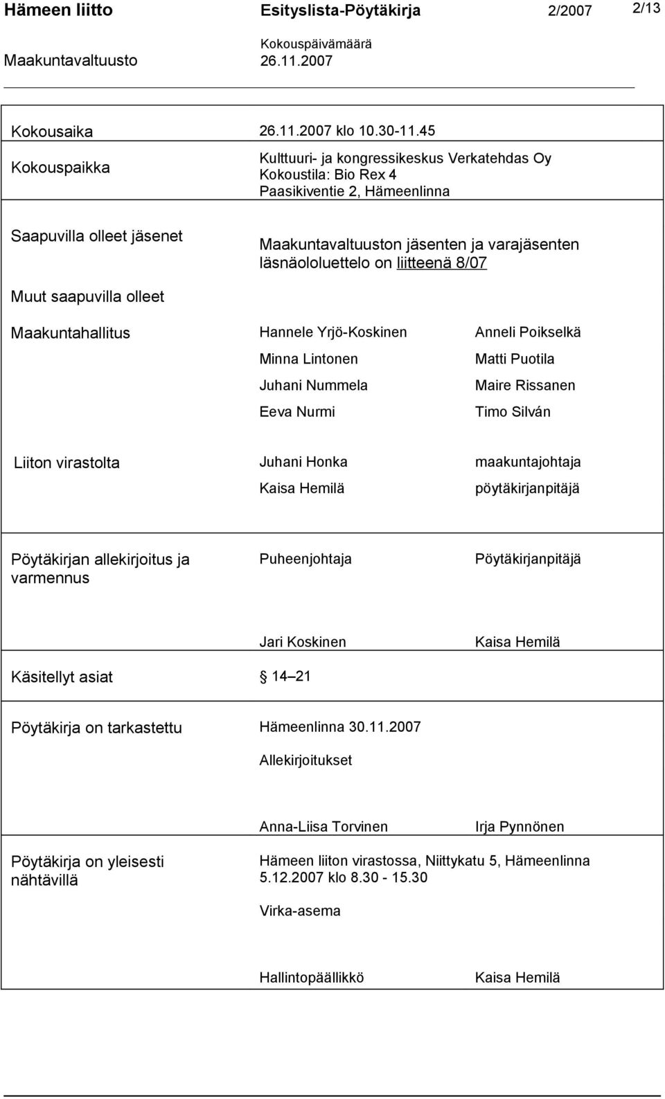 on liitteenä 8/07 Muut saapuvilla olleet Maakuntahallitus Hannele Yrjö-Koskinen Anneli Poikselkä Minna Lintonen Matti Puotila Juhani Nummela Maire Rissanen Eeva Nurmi Timo Silván Liiton virastolta