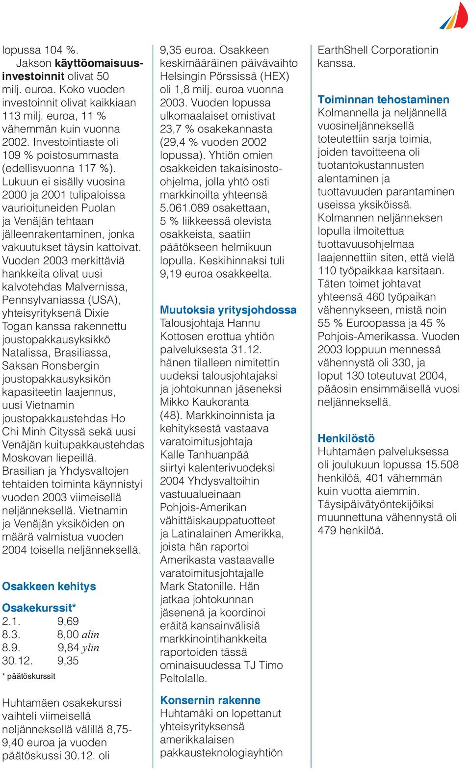 Lukuun ei sisälly vuosina 2000 ja 2001 tulipaloissa vaurioituneiden Puolan ja Venäjän tehtaan jälleenrakentaminen, jonka vakuutukset täysin kattoivat.