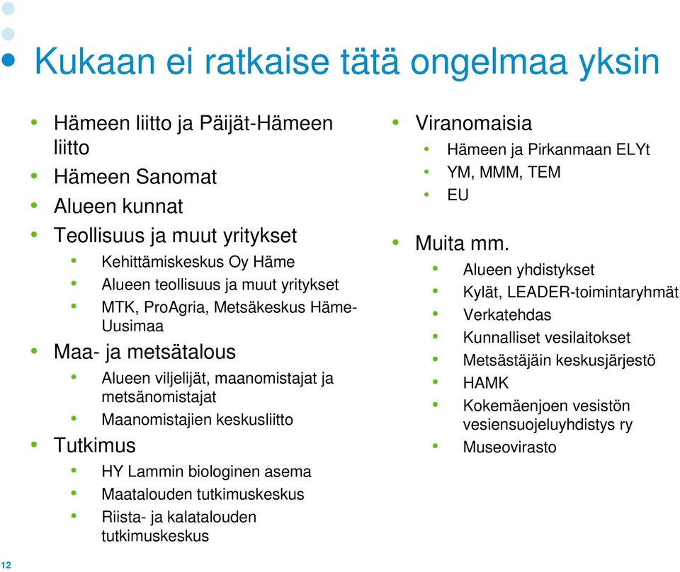 Tutkimus HY Lammin biologinen asema Maatalouden tutkimuskeskus Riista- ja kalatalouden tutkimuskeskus Viranomaisia Hämeen ja Pirkanmaan ELYt YM, MMM, TEM EU Muita mm.