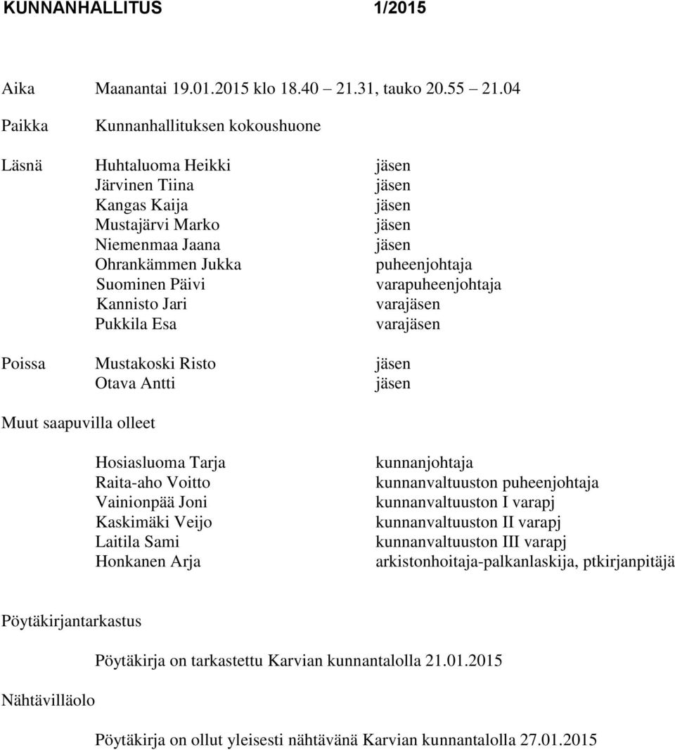 Päivi varapuheenjohtaja Kannisto Jari varajäsen Pukkila Esa varajäsen Poissa Mustakoski Risto jäsen Otava Antti jäsen Muut saapuvilla olleet Hosiasluoma Tarja Raita-aho Voitto Vainionpää Joni