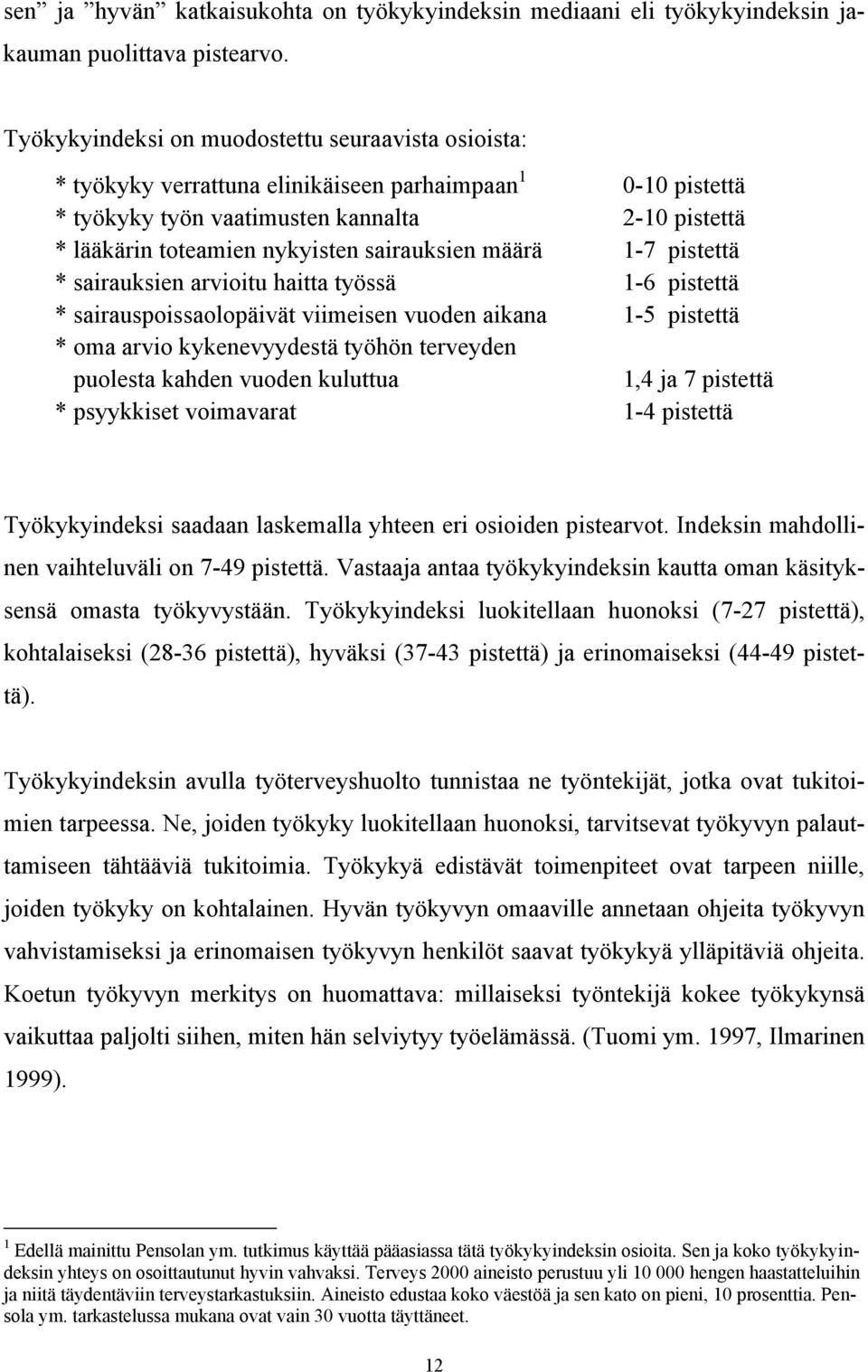 sairauksien määrä 1-7 pistettä * sairauksien arvioitu haitta työssä 1-6 pistettä * sairauspoissaolopäivät viimeisen vuoden aikana 1-5 pistettä * oma arvio kykenevyydestä työhön terveyden puolesta