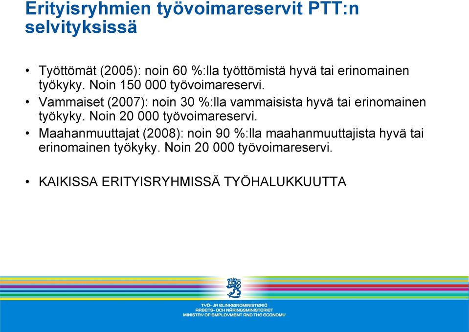 Vammaiset (2007): noin 30 %:lla vammaisista hyvä tai erinomainen työkyky. Noin 20 000 työvoimareservi.