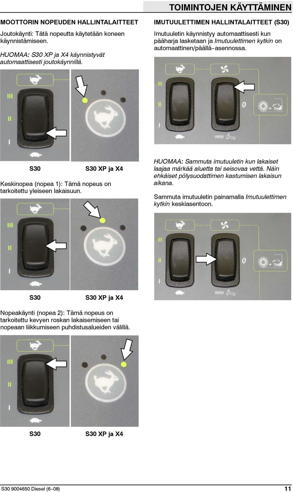 S30 S30 XP ja X4 Keskinopea (nopea 1): Tämä nopeus on tarkoitettu yleiseen lakaisuun. HUOMAA: Sammuta imutuuletin kun lakaiset laajaa märkää aluetta tai seisovaa vettä.