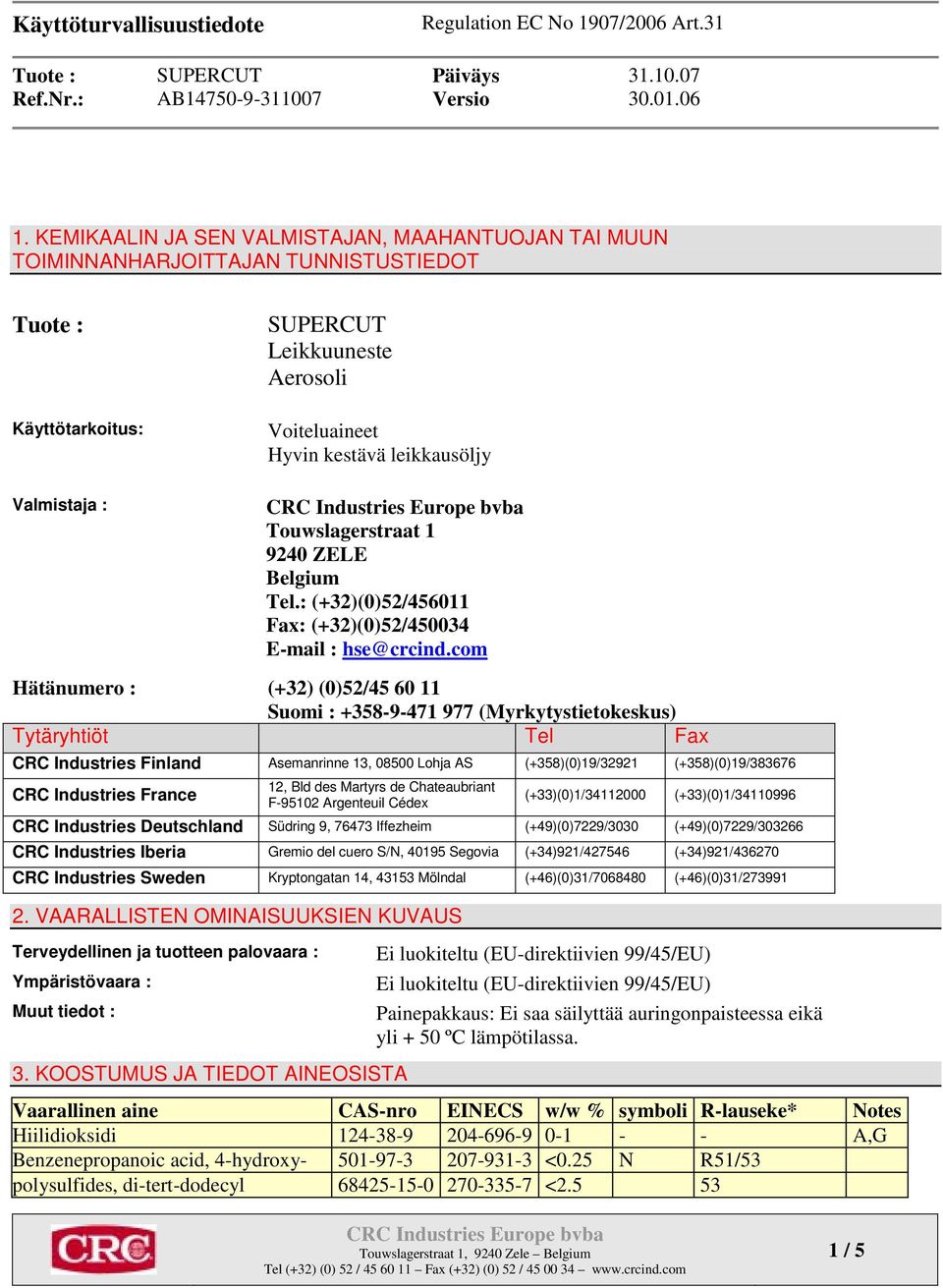 com Hätänumero : (+32) (0)52/45 60 11 Suomi : +358-9-471 977 (Myrkytystietokeskus) Tytäryhtiöt Tel Fax CRC Industries Finland Asemanrinne 13, 08500 Lohja AS (+358)(0)19/32921 (+358)(0)19/383676 CRC