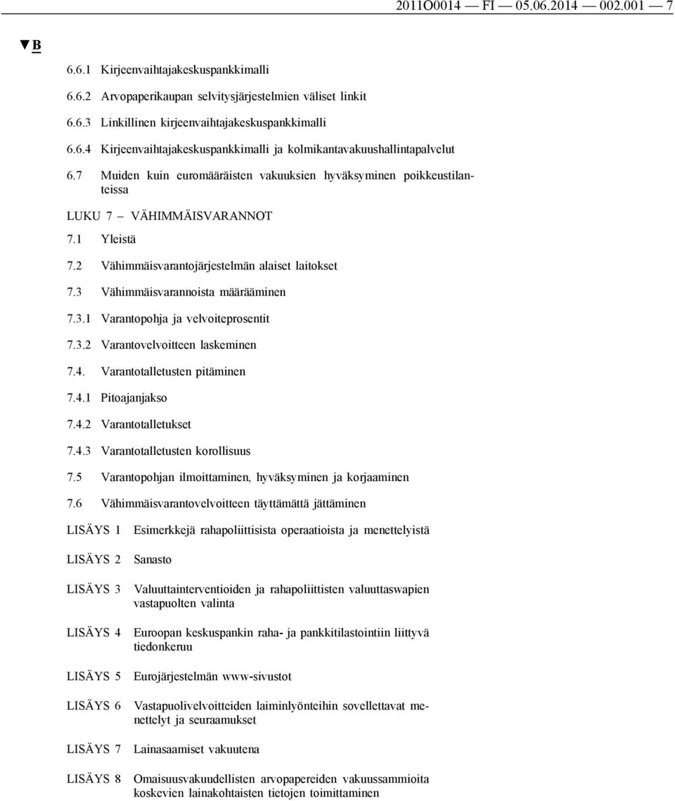 3.1 Varantopohja ja velvoiteprosentit 7.3.2 Varantovelvoitteen laskeminen 7.4. Varantotalletusten pitäminen 7.4.1 Pitoajanjakso 7.4.2 Varantotalletukset 7.4.3 Varantotalletusten korollisuus 7.