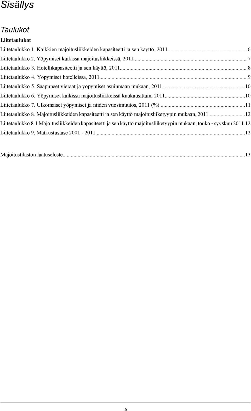 Yöpymiset kaikissa majoitusliikkeissä kuukausittain, 2011... Liitetaulukko 7. Ulkomaiset yöpymiset ja niiden vuosi, 2011 (%)...11 Liitetaulukko 8.