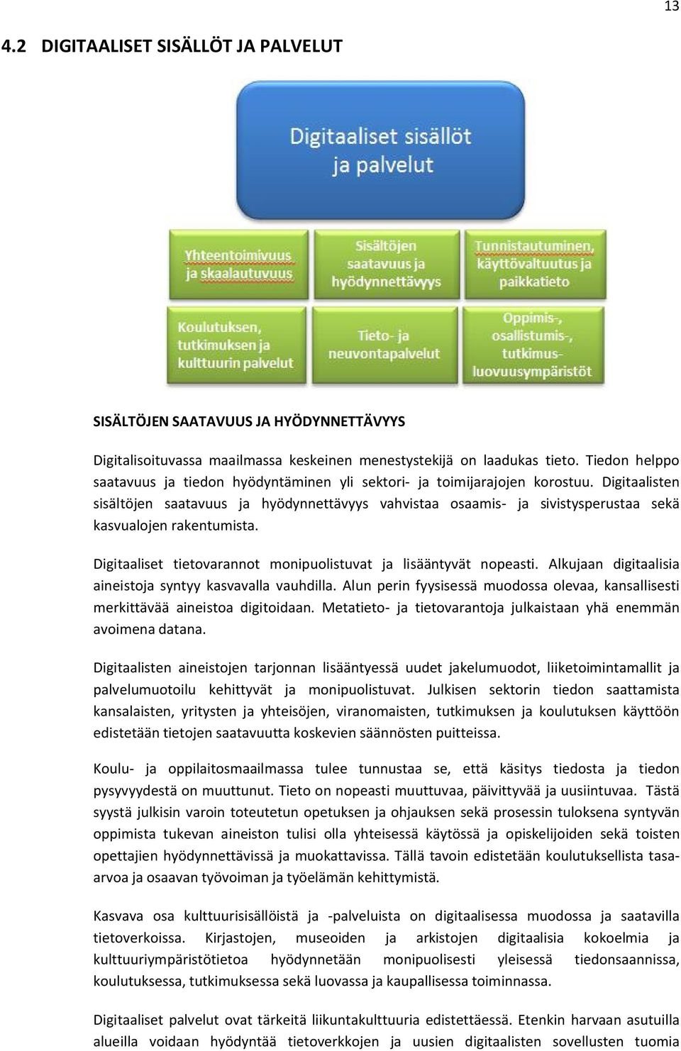Digitaalisten sisältöjen saatavuus ja hyödynnettävyys vahvistaa osaamis- ja sivistysperustaa sekä kasvualojen rakentumista. Digitaaliset tietovarannot monipuolistuvat ja lisääntyvät nopeasti.