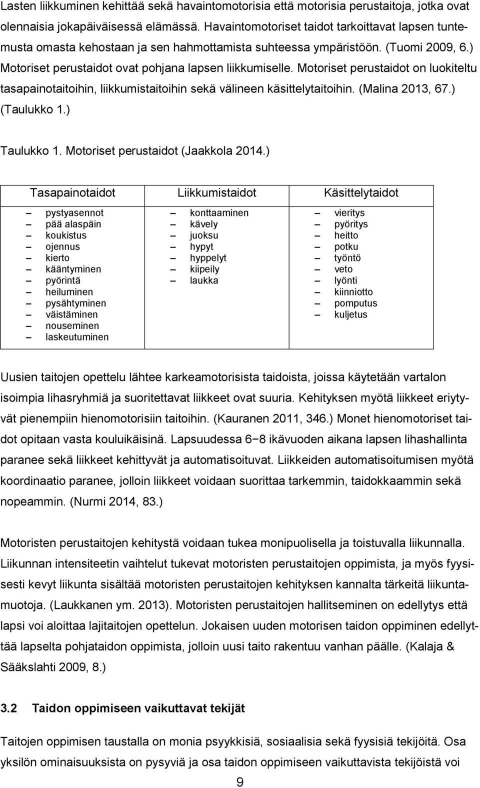 Motoriset perustaidot on luokiteltu tasapainotaitoihin, liikkumistaitoihin sekä välineen käsittelytaitoihin. (Malina 2013, 67.) (Taulukko 1.) Taulukko 1. Motoriset perustaidot (Jaakkola 2014.