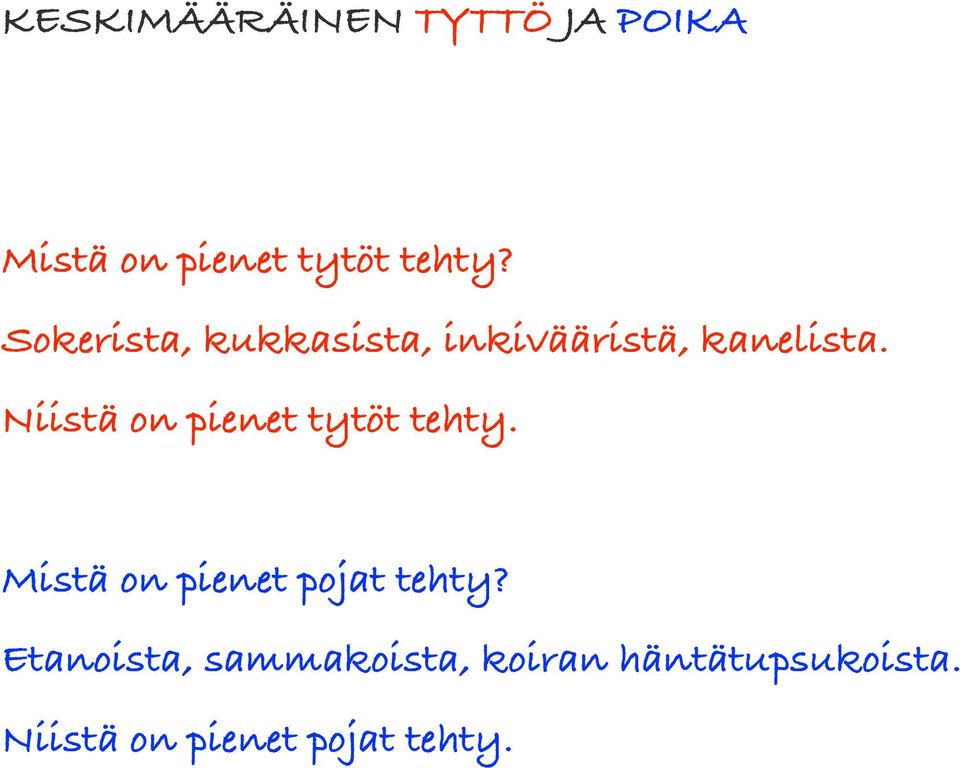 Niistä on pienet tytöt tehty. Mistä on pienet pojat tehty?