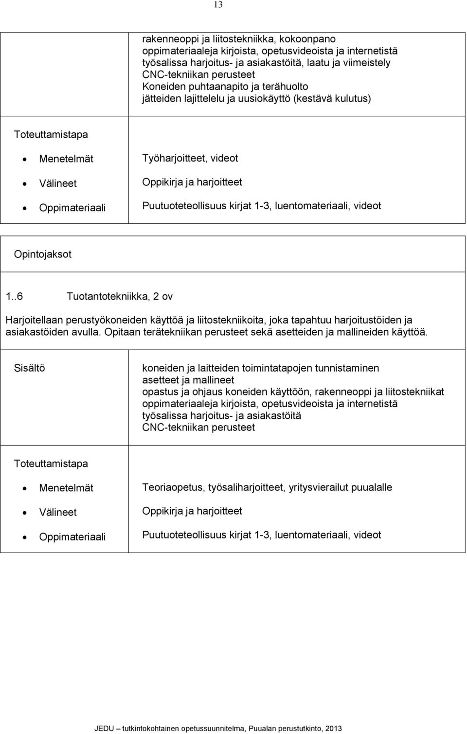 kirjat 1-3, luentomateriaali, videot Opintojaksot 1..6 Tuotantotekniikka, 2 ov Harjoitellaan perustyökoneiden käyttöä ja liitostekniikoita, joka tapahtuu harjoitustöiden ja asiakastöiden avulla.