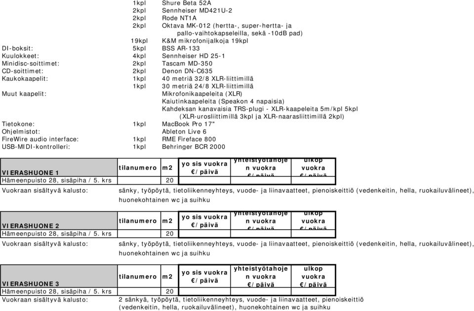 1kpl MacBook Pro 17" Ohjelmistot: Ableton Live 6 FireWire audio interface: 1kpl RME Fireface 800 USB-MIDI-kontrolleri: 1kpl Behringer BCR 2000 VIERASHUONE 1 Hämeenpuisto 28, sisäpiha / 5.