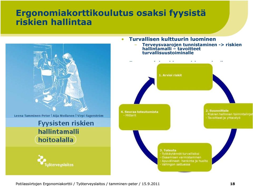 tarvearviointi apuvälineiden hankintasuunnitelma soveltamisen tukeminen /ongelmanratkaisun tukeminen ergonomiavastaavat osastoille Seuranta Seurantamittarit Ergonomia on osa hoidon laatua ei