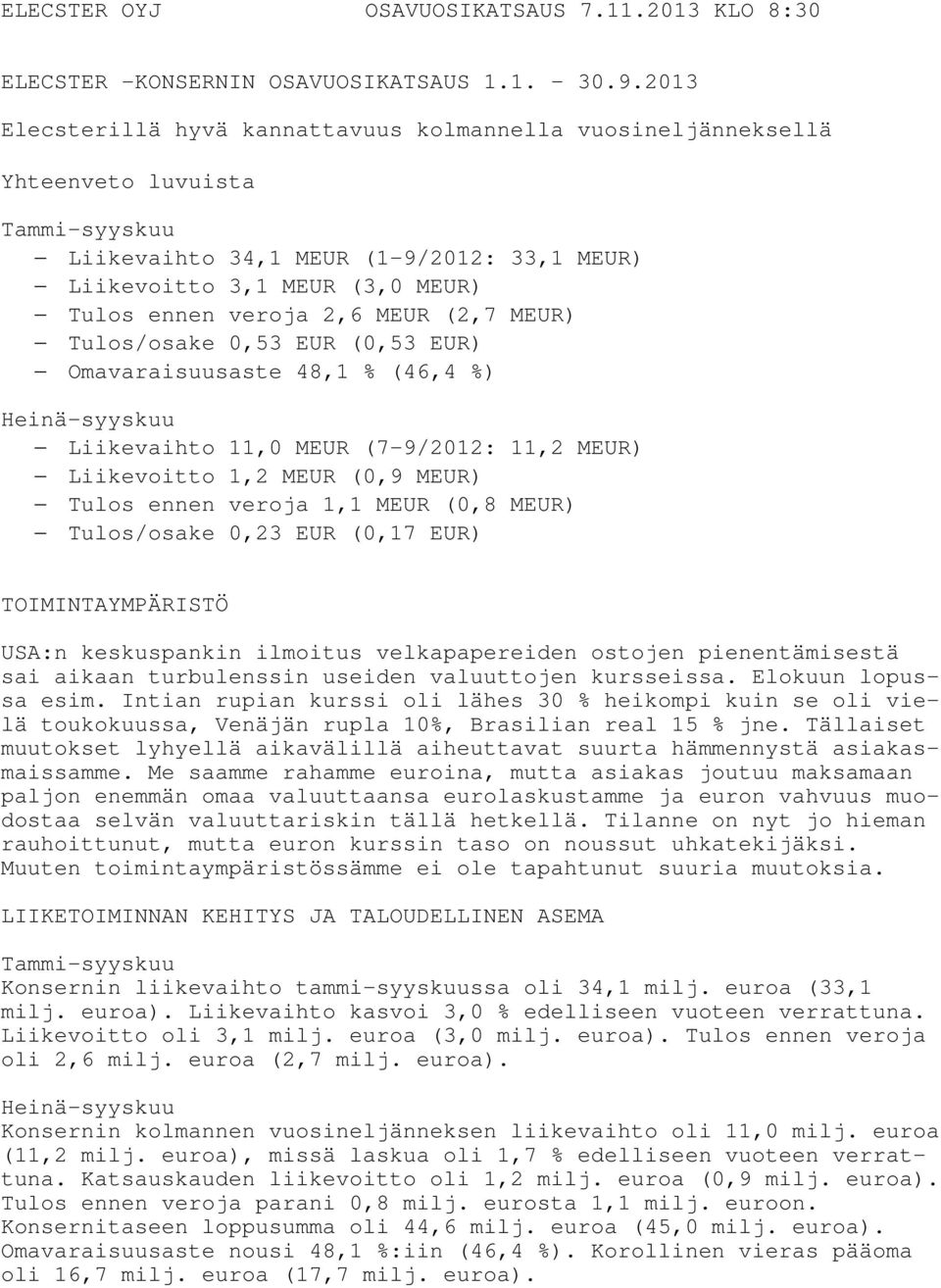 2,6 MEUR (2,7 MEUR) Tulos/osake 0,53 EUR (0,53 EUR) Omavaraisuusaste 48,1 % (46,4 %) Heinä-syyskuu Liikevaihto 11,0 MEUR (7-9/2012: 11,2 MEUR) Liikevoitto 1,2 MEUR (0,9 MEUR) Tulos ennen veroja 1,1
