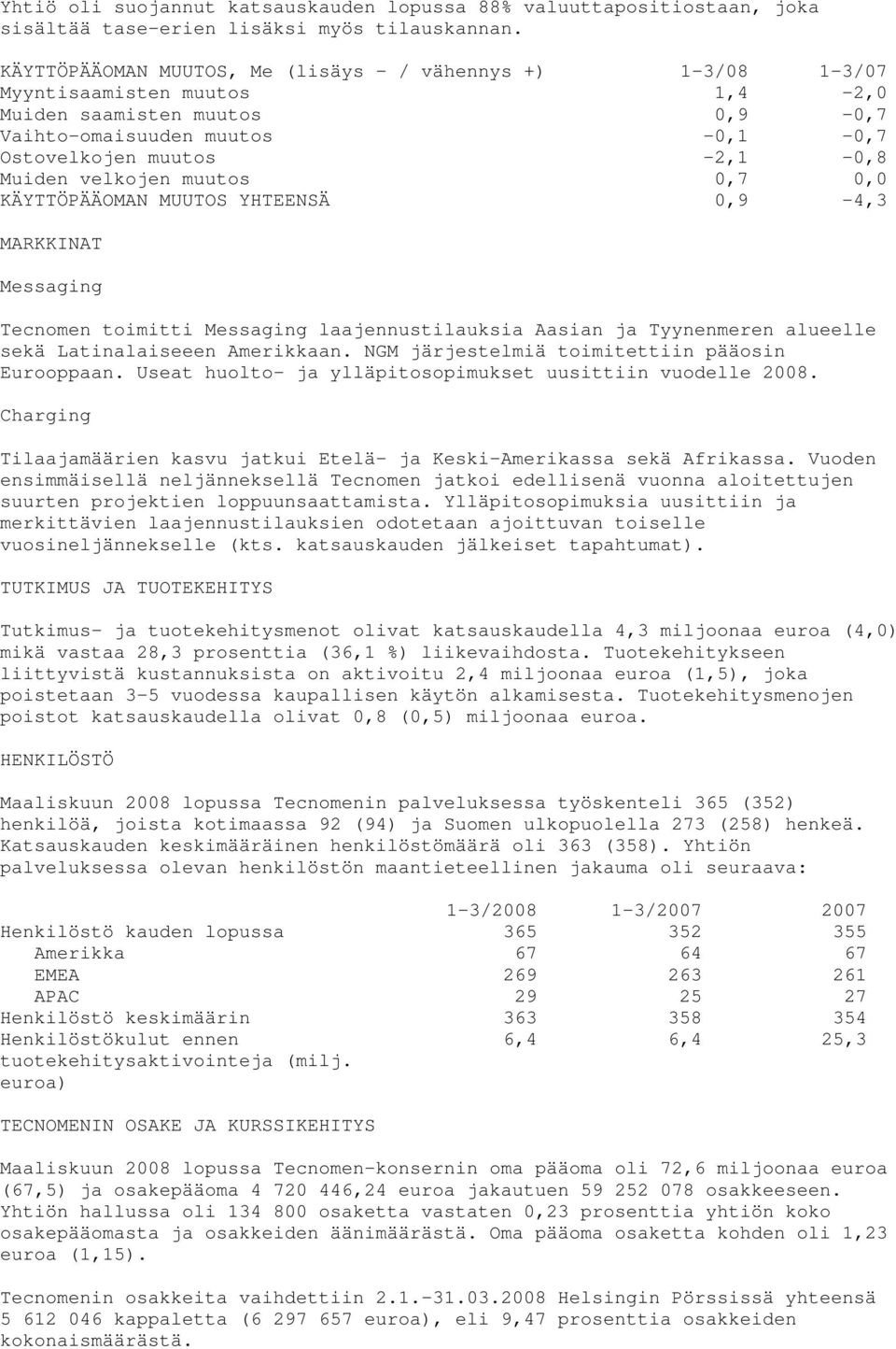 velkojen muutos 0,7 0,0 KÄYTTÖPÄÄOMAN MUUTOS YHTEENSÄ 0,9-4,3 MARKKINAT Messaging Tecnomen toimitti Messaging laajennustilauksia Aasian ja Tyynenmeren alueelle sekä Latinalaiseeen Amerikkaan.