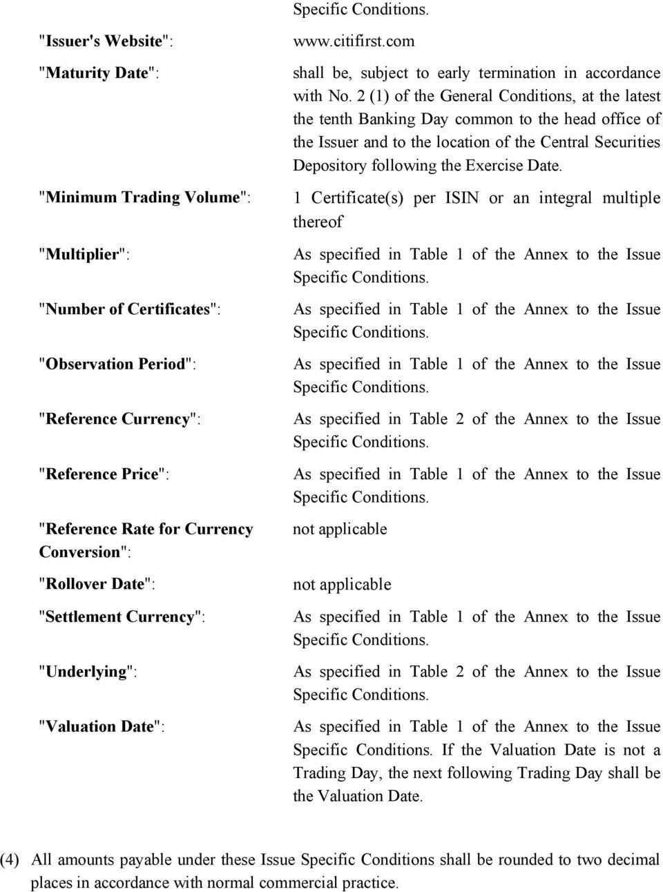 Conversion": "Rollover Date": "Settlement Currency": "Underlying": "Valuation Date": www.citifirst.com shall be, subject to early termination in accordance with No.