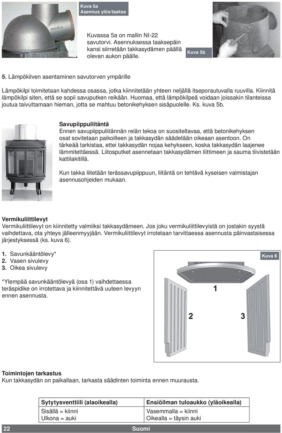 Kiinnitä lämpökilpi siten, että se sopii savuputken reikään. Huomaa, että lämpökilpeä voidaan joissakin tilanteissa joutua taivuttamaan hieman, jotta se mahtuu betonikehyksen sisäpuolelle. Ks.