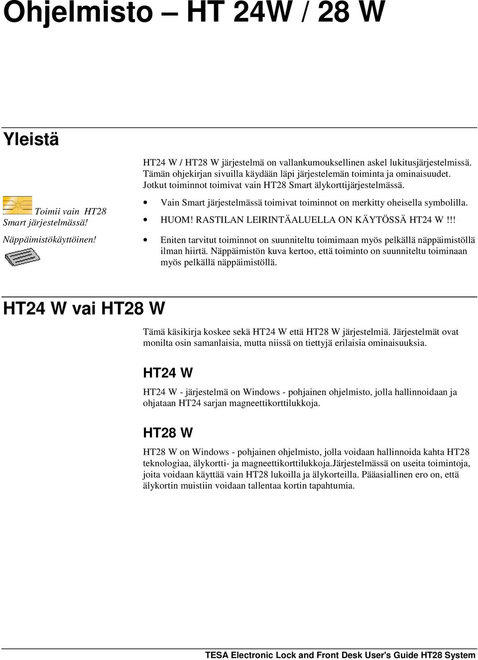 Vain Smart järjestelmässä toimivat toiminnot on merkitty oheisella symbolilla. HUOM! RASTILAN LEIRINTÄALUELLA ON KÄYTÖSSÄ HT24 W!!! Näppäimistökäyttöinen!