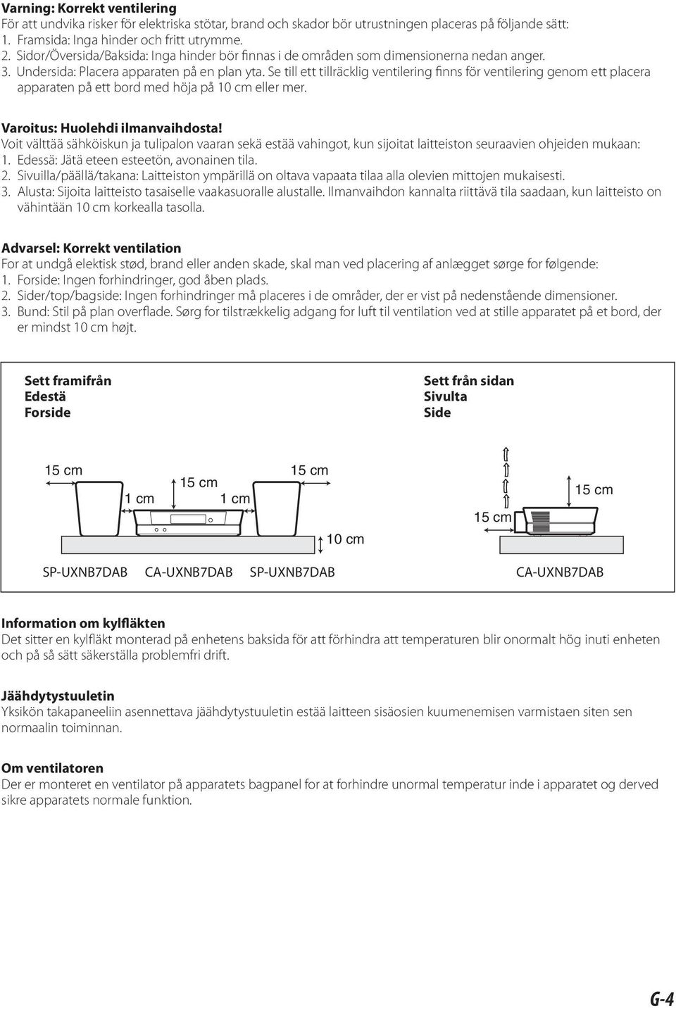 Se till ett tillräcklig ventilering finns för ventilering genom ett placera apparaten på ett bord med höja på 10 cm eller mer. Varoitus: Huolehdi ilmanvaihdosta!