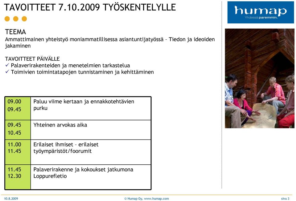 PÄIVÄLLE Palaverirakenteiden ja menetelmien tarkastelua Toimivien toimintatapojen tunnistaminen ja kehittäminen 09.00 09.