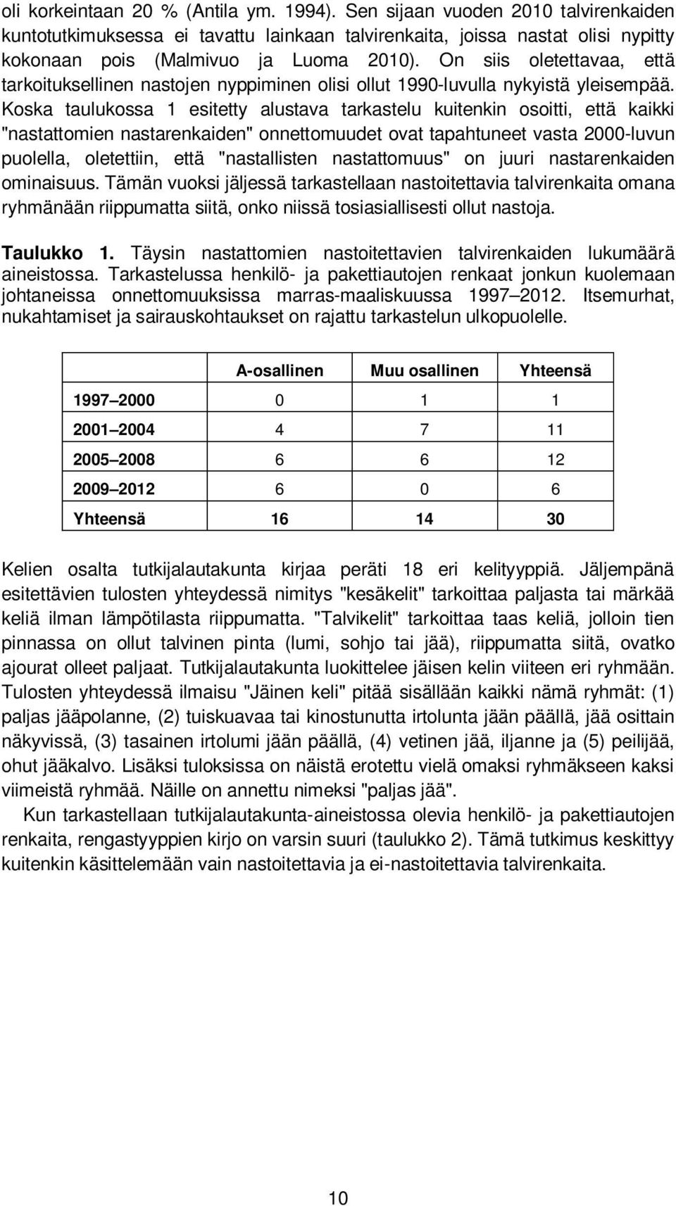 Koska taulukossa 1 esitetty alustava tarkastelu kuitenkin osoitti, että kaikki "nastattomien nastarenkaiden" onnettomuudet ovat tapahtuneet vasta 2000-luvun puolella, oletettiin, että "nastallisten