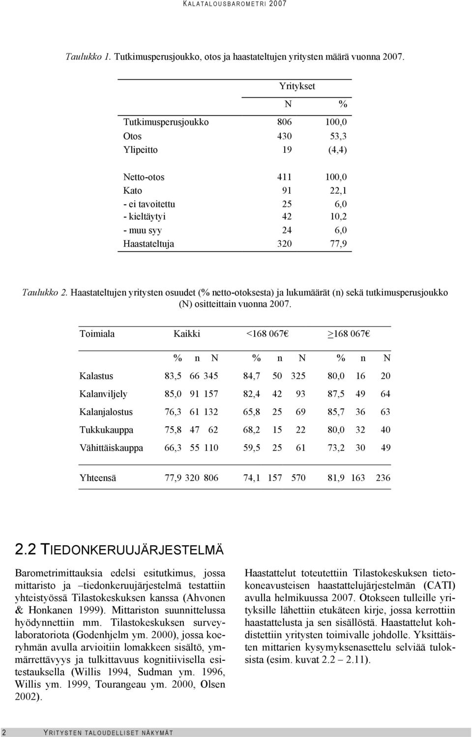 Haastateltujen yritysten osuudet ( netto-otoksesta) ja lukumäärät (n) sekä tutkimusperusjoukko (N) ositteittain vuonna 27.