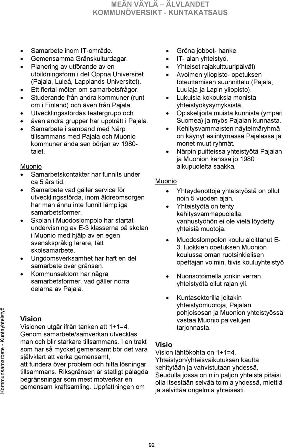 Samarbete i samband med Närpi tillsammans med Pajala och Muonio kommuner ända sen början av 1980- talet. Muonio Samarbetskontakter har funnits under ca 5 års tid.