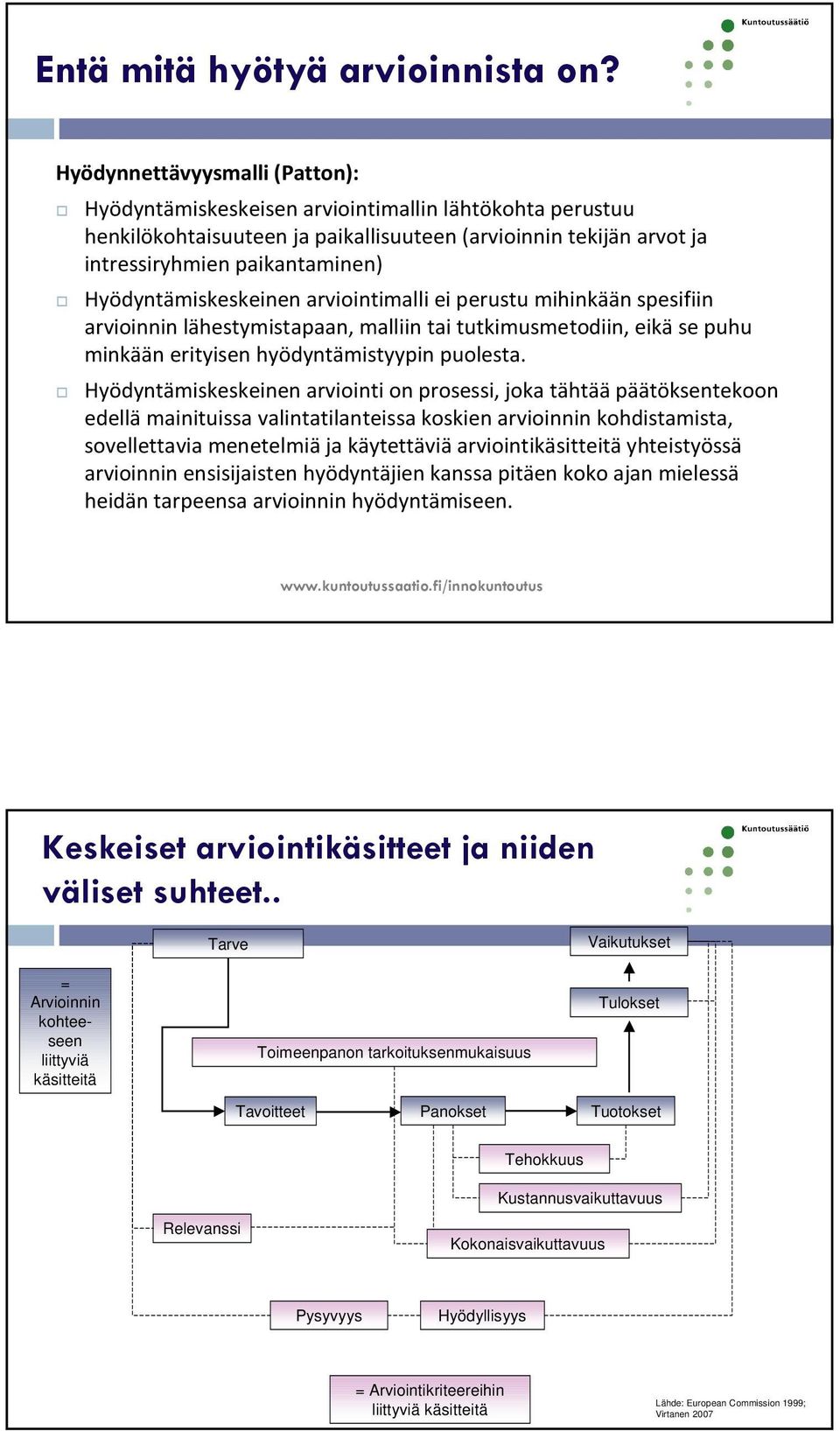 Hyödyntämiskeskeinen arviointimalli ei perustu mihinkään spesifiin arvioinnin lähestymistapaan, malliin tai tutkimusmetodiin, eikäse puhu minkään erityisen hyödyntämistyypin puolesta.