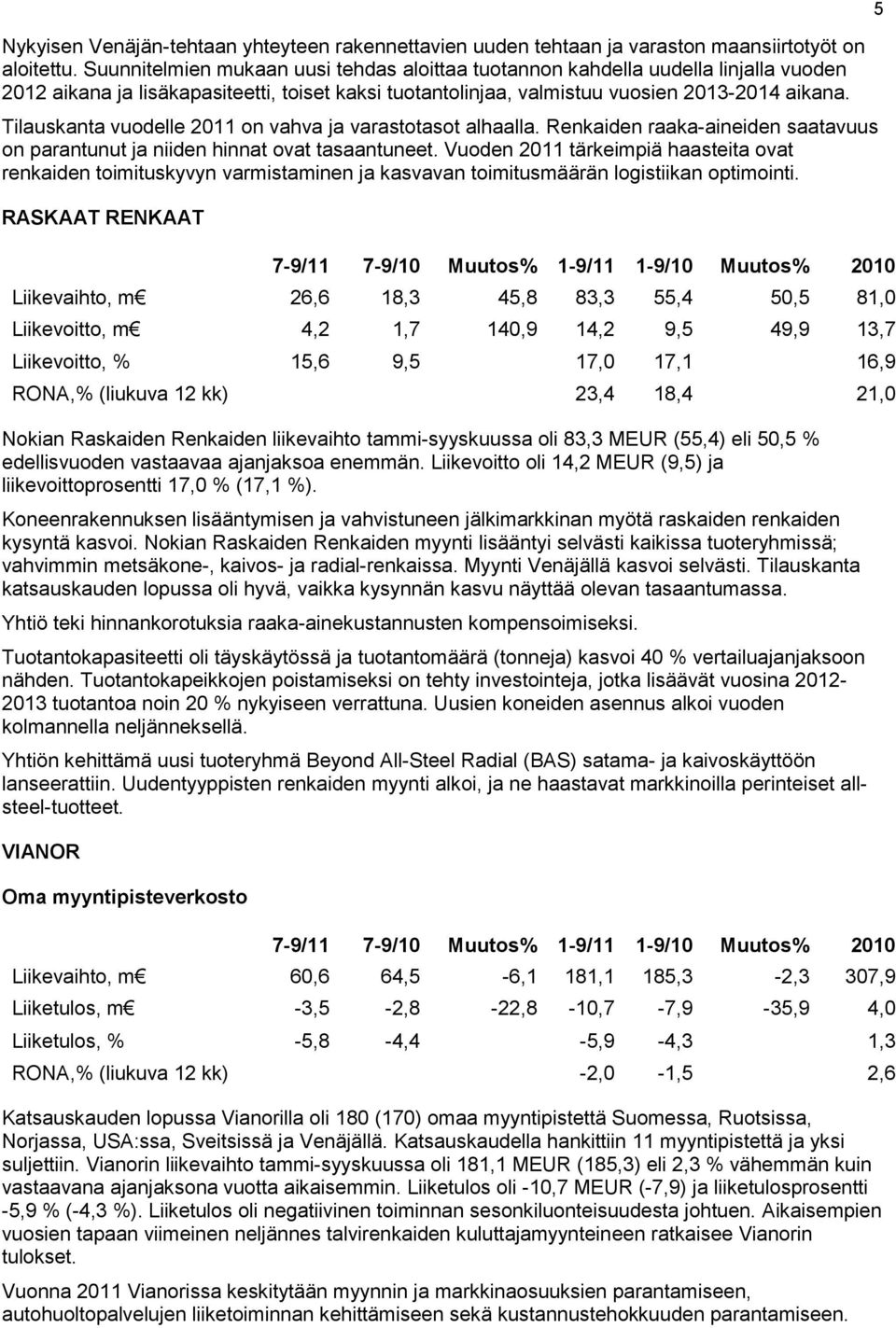 Tilauskanta vuodelle 2011 on vahva ja varastotasot alhaalla. Renkaiden raaka-aineiden saatavuus on parantunut ja niiden hinnat ovat tasaantuneet.