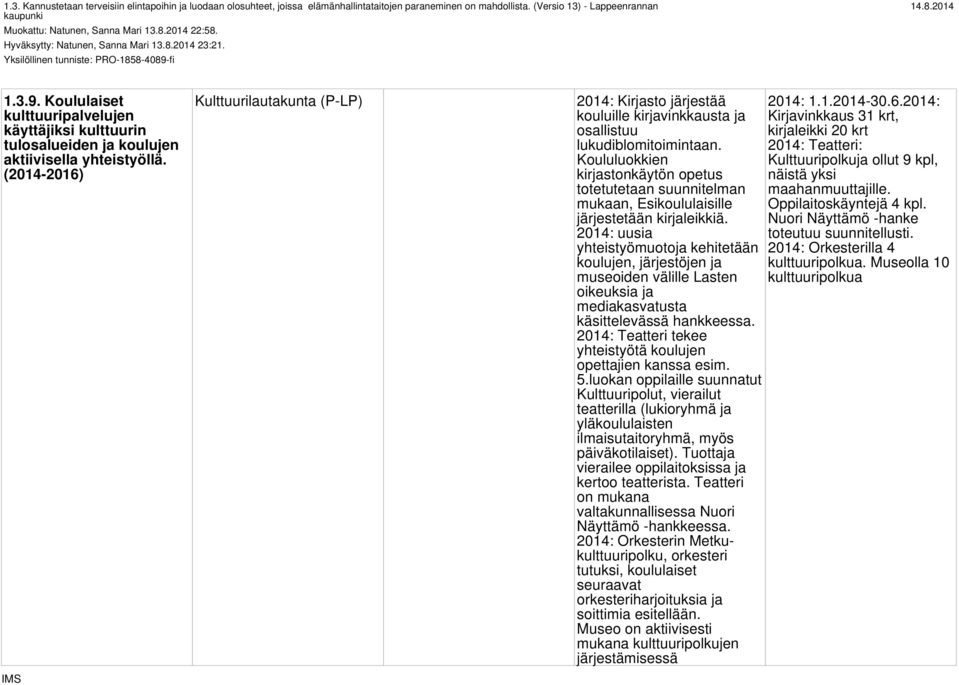 fi 1.3.9. Koululaiset kulttuuripalvelujen käyttäjiksi kulttuurin tulosalueiden ja koulujen aktiivisella yhteistyöllä.