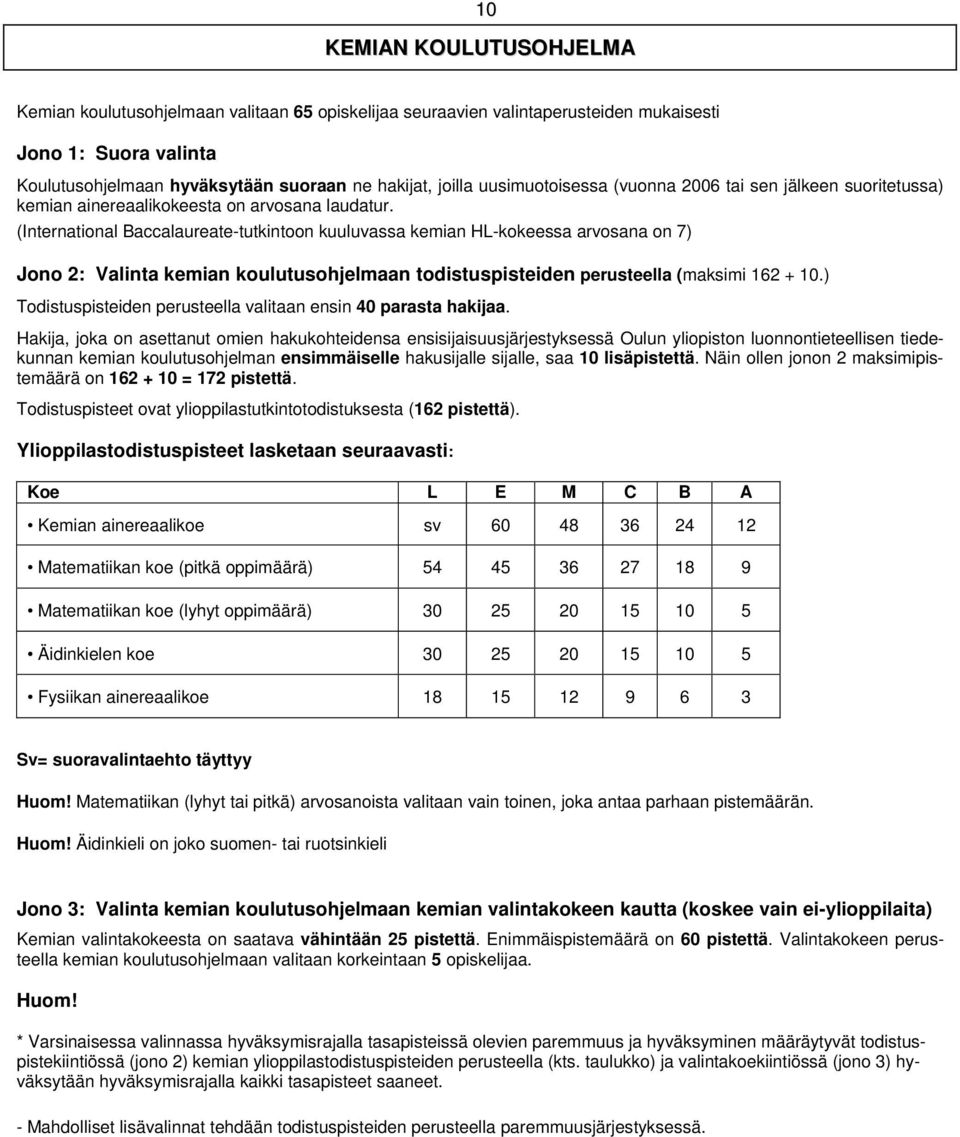 (International Baccalaureate-tutkintoon kuuluvassa kemian HL-kokeessa arvosana on 7) Jono 2: Valinta kemian koulutusohjelmaan todistuspisteiden perusteella (maksimi 162 + 10.