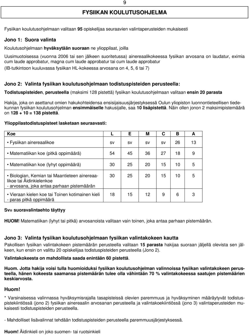 (IB-tutkintoon kuuluvassa fysiikan HL-kokeessa arvosana on 4, 5, 6 tai 7) Jono 2: Valinta fysiikan koulutusohjelmaan todistuspisteiden perusteella: Todistuspisteiden, perusteella (maksimi 128