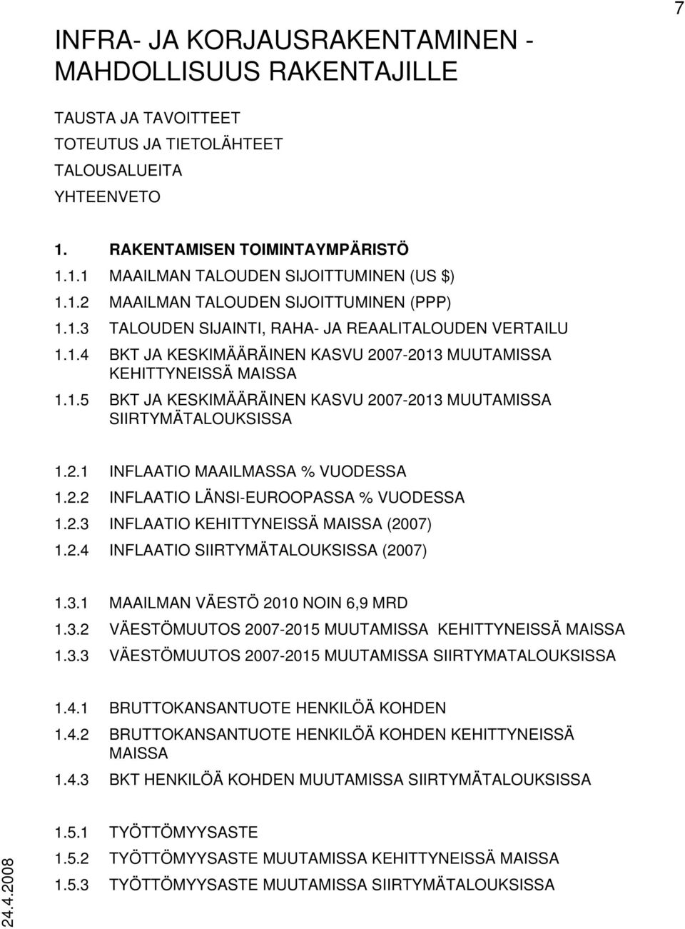 2.1 INFLAATIO MAAILMASSA % VUODESSA 1.2.2 INFLAATIO LÄNSI-EUROOPASSA % VUODESSA 1.2.3 INFLAATIO KEHITTYNEISSÄ MAISSA (2007) 1.2.4 INFLAATIO SIIRTYMÄTALOUKSISSA (2007) 1.3.1 MAAILMAN VÄESTÖ 2010 NOIN 6,9 MRD 1.