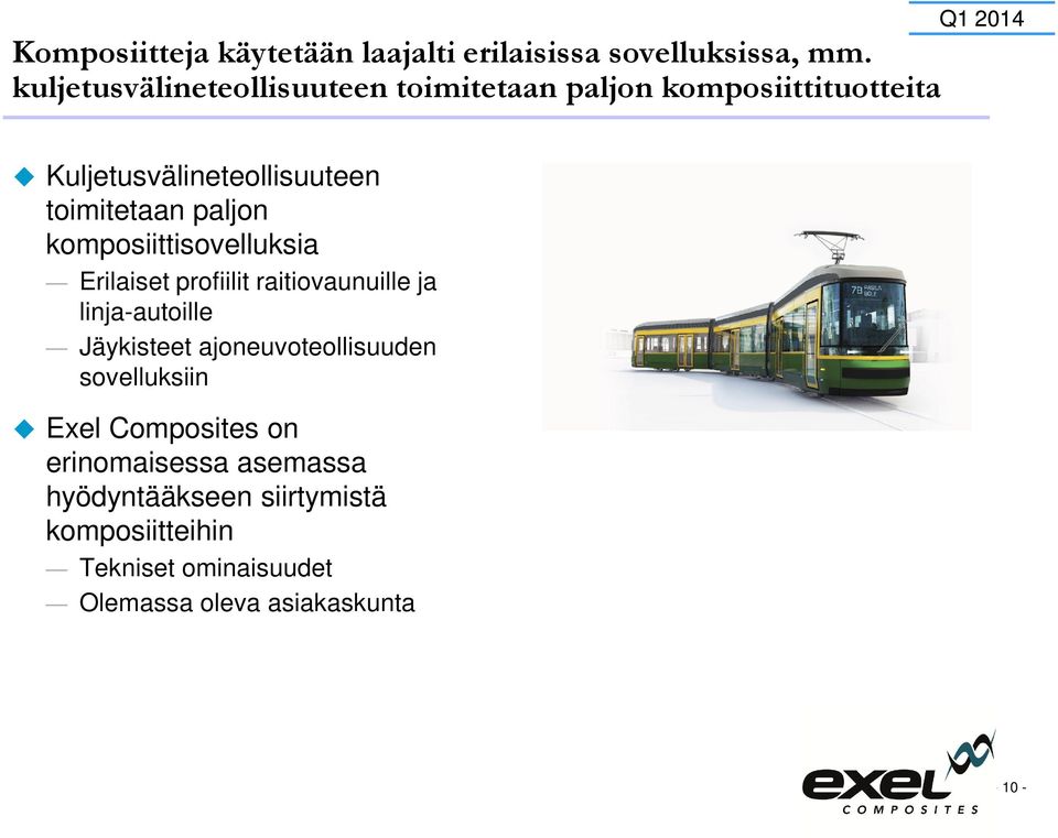 toimitetaan paljon komposiittisovelluksia Erilaiset profiilit raitiovaunuille ja linja-autoille Jäykisteet