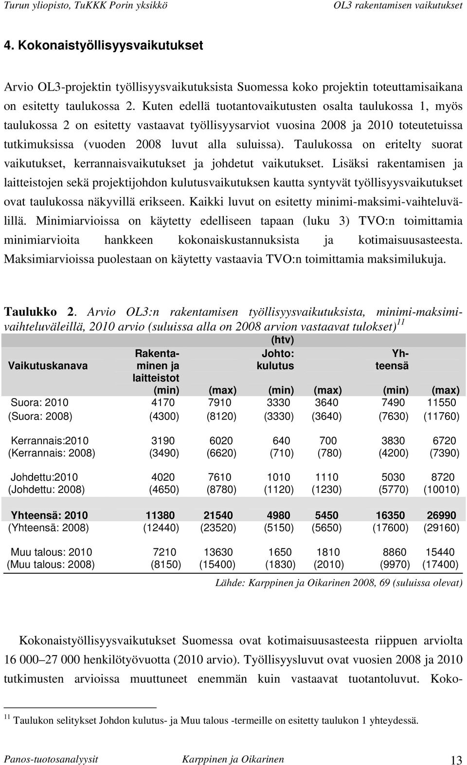 Taulukossa on eritelty suorat vaikutukset, kerrannaisvaikutukset ja johdetut vaikutukset.