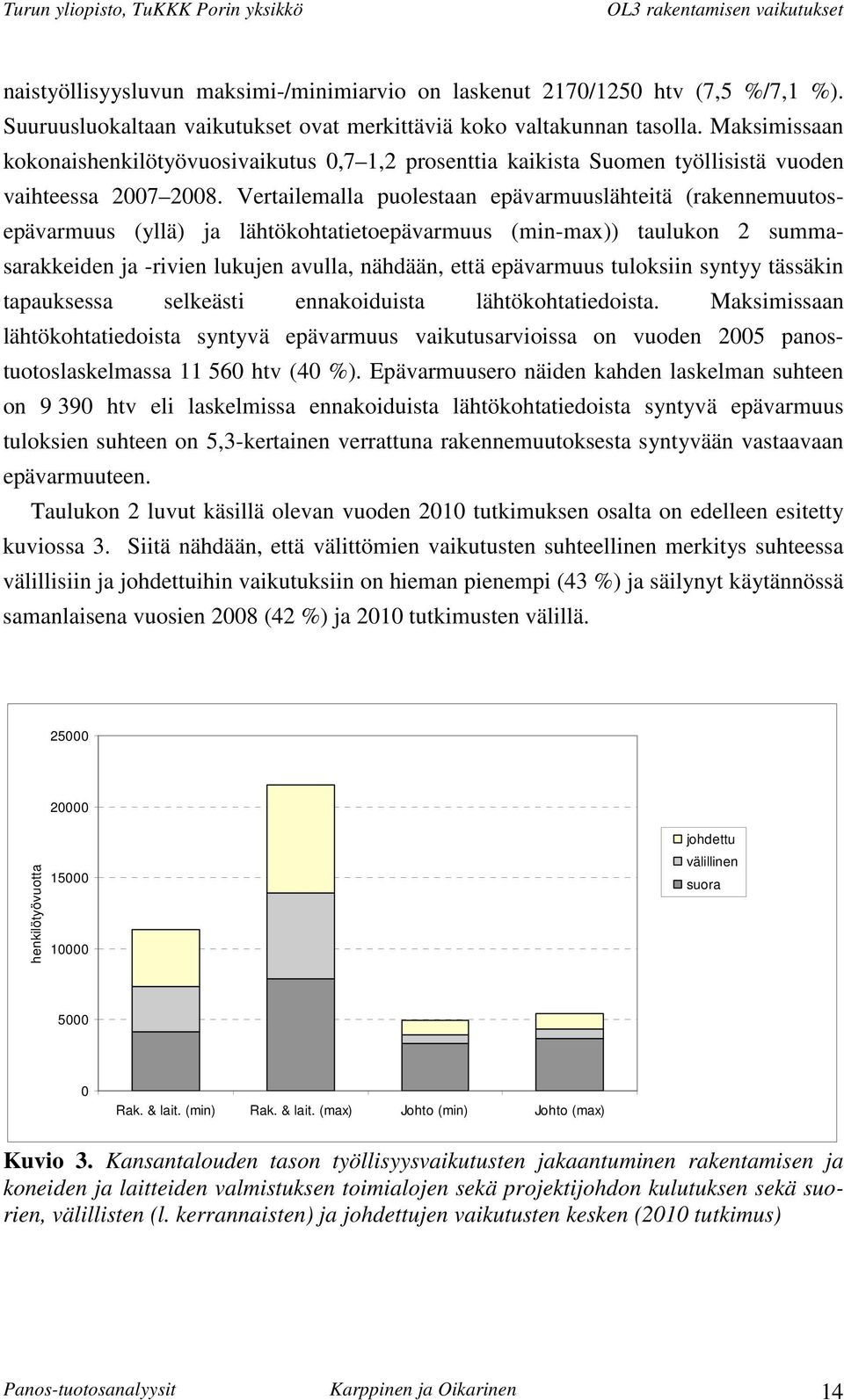 Vertailemalla puolestaan epävarmuuslähteitä (rakennemuutosepävarmuus (yllä) ja lähtökohtatietoepävarmuus (min-max)) taulukon 2 summasarakkeiden ja -rivien lukujen avulla, nähdään, että epävarmuus